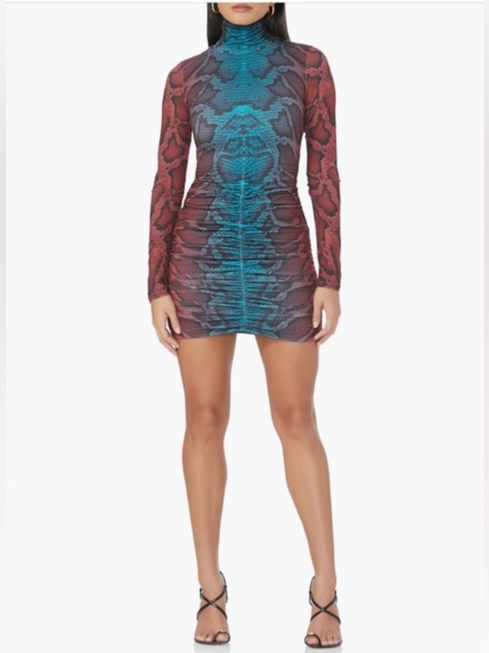 AFRM Long-Sleeve High Neck Ruched Bodycon Dress in Teal and Red